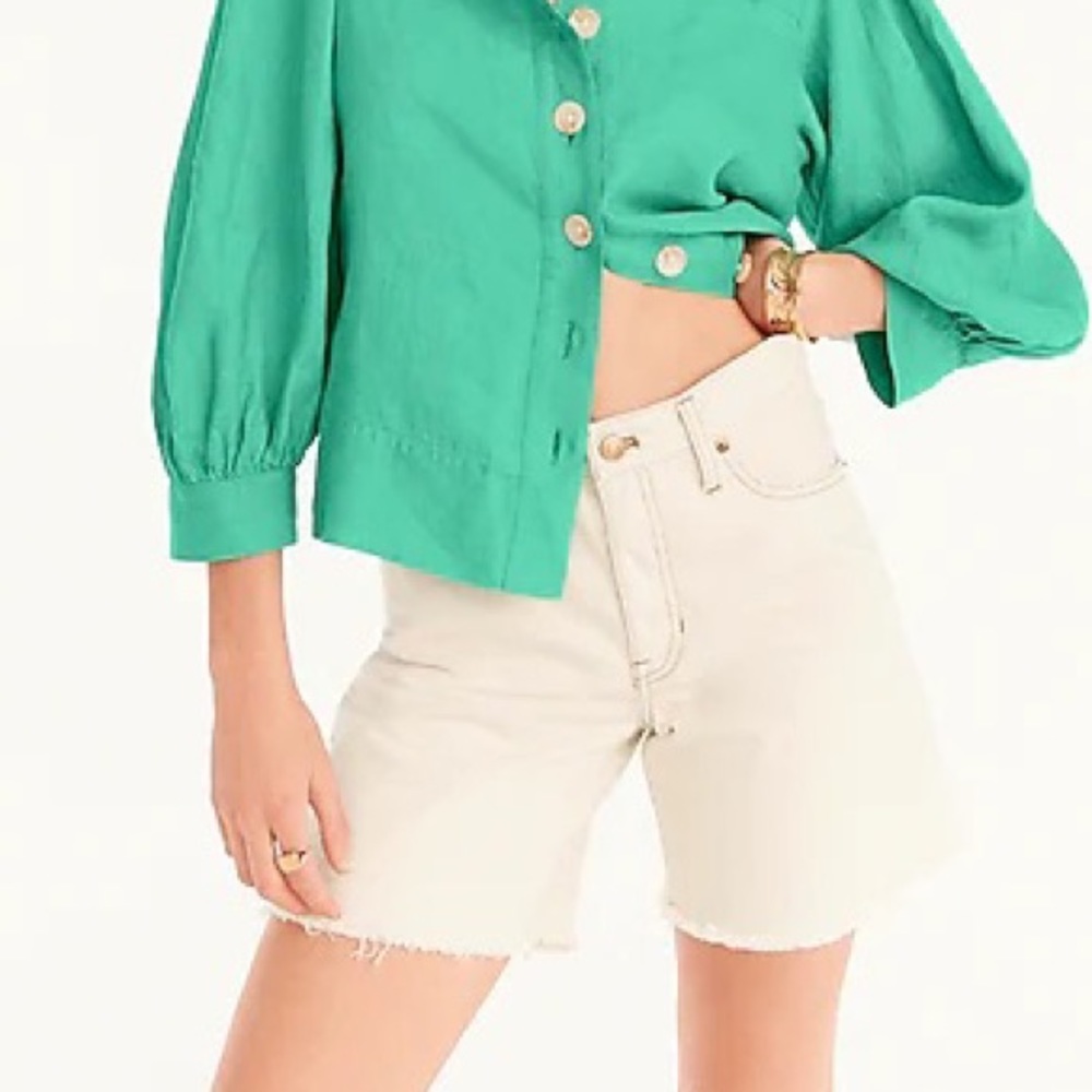 J Crew Hi rise Mid-length denim Bermuda short‎ in ecru frayed hem